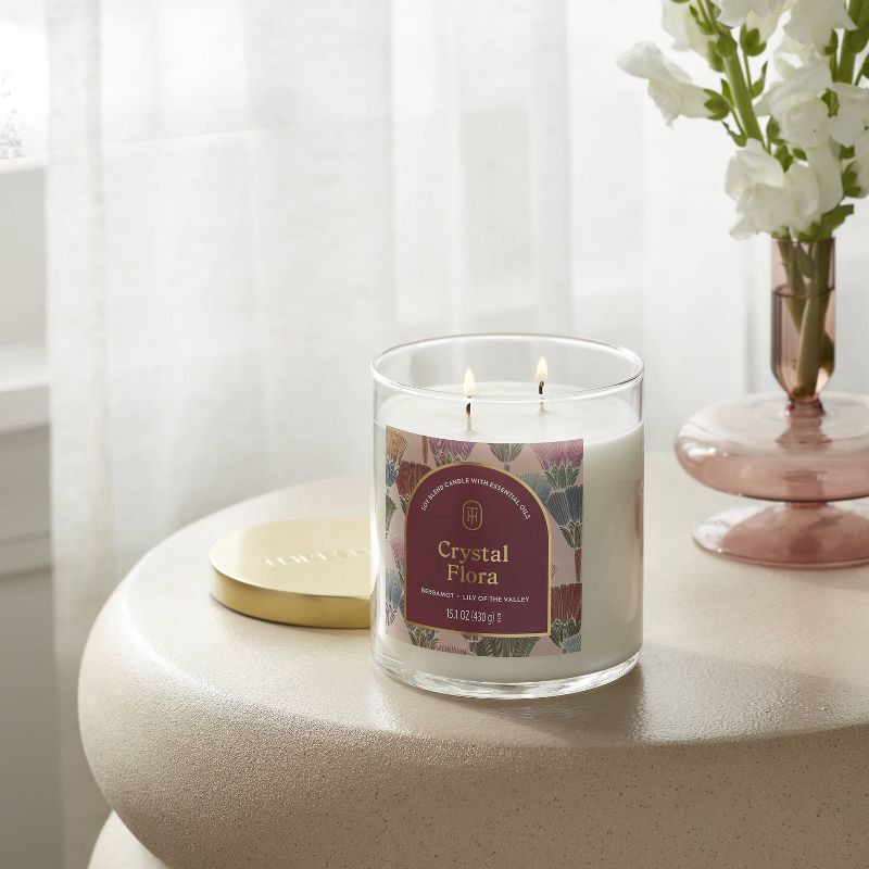 slide 2 of 3, 2-Wick Lidded Glass Jar Candle Crystal Flora 15.1oz - Threshold™, 15.1 oz