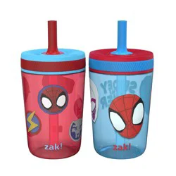 Zak Designs 2pk 15 fl oz Plastic Kelso Spidey and his Amazing Friends Straw Tumbler Set: Kids Cups, Dishwasher-Safe
