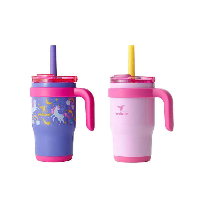 slide 2 of 7, Reduce 14oz 2pk Coldee Kids Mugs with Spill-Proof Straw Pink: Stainless Steel, Leakproof, Dishwasher-Safe, Ages 3+, 2 ct; 14 oz