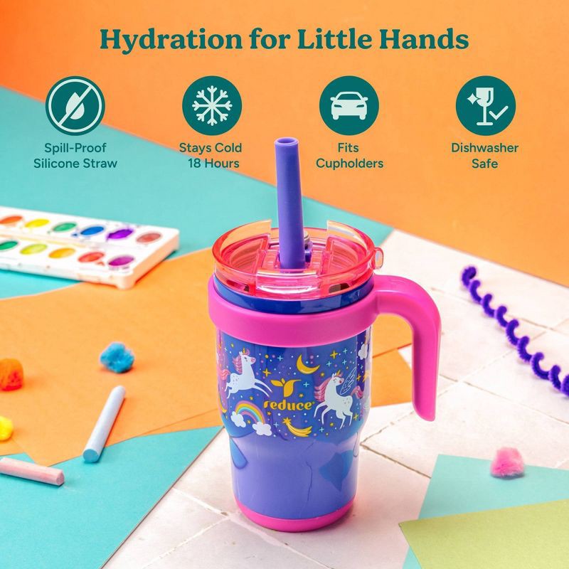 slide 3 of 7, Reduce 14oz 2pk Coldee Kids Mugs with Spill-Proof Straw Pink: Stainless Steel, Leakproof, Dishwasher-Safe, Ages 3+, 2 ct; 14 oz