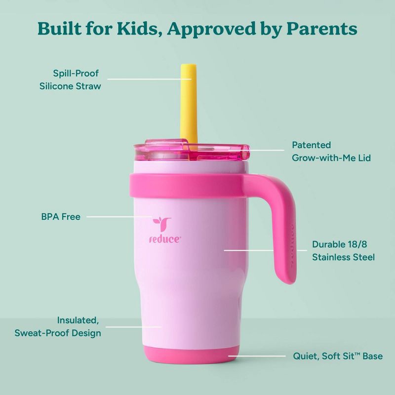 slide 4 of 7, Reduce 14oz 2pk Coldee Kids Mugs with Spill-Proof Straw Pink: Stainless Steel, Leakproof, Dishwasher-Safe, Ages 3+, 2 ct; 14 oz