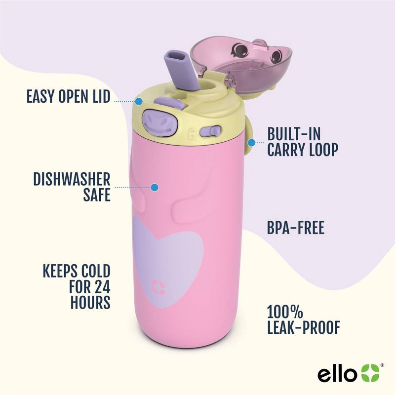 slide 6 of 11, Ello 12oz Stainless Steel Water Bottle Cleo Pink: Kids Portable Drinkware, Dishwasher-Safe, Blossom Color, 12 oz