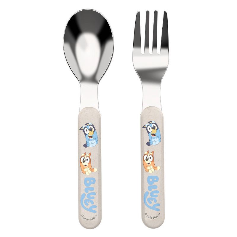 slide 1 of 7, Zak Designs Bluey 2pc Bamboo and Plastic Kids Fork and Spoon Flatware Set: Toddler & Kids Utensils, Dishwasher-Safe, 2 ct