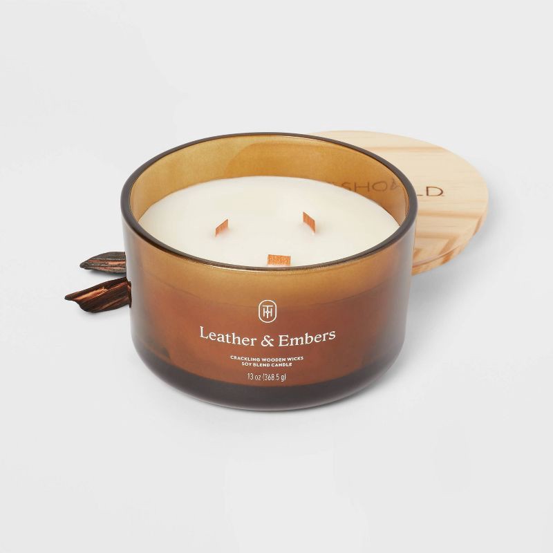 slide 3 of 3, 3-Wick Amber Glass Wooden Wick Leather and Embers Jar Candle 13oz - Threshold™, 13 oz