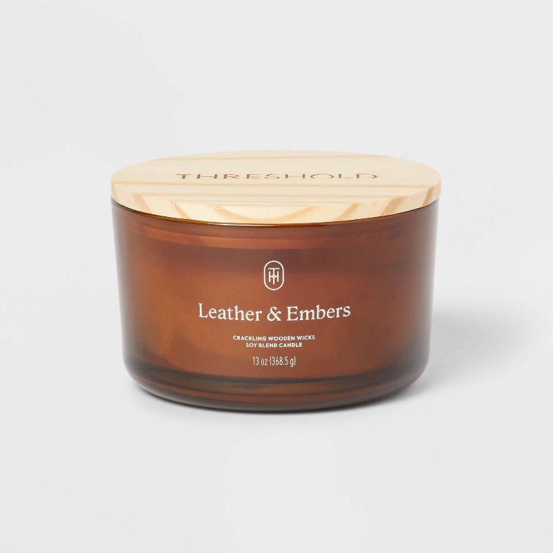 slide 1 of 3, 3-Wick Amber Glass Wooden Wick Leather and Embers Jar Candle 13oz - Threshold™, 13 oz