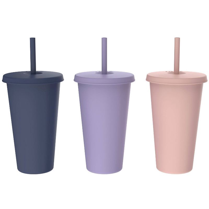 slide 2 of 8, Zak Designs 3pk 25 fl oz Plastic Solid Straw Tumbler Set: Multicolor Lidded Tumblers for Teens, Dishwasher-Safe, 3 ct, 25 fl oz