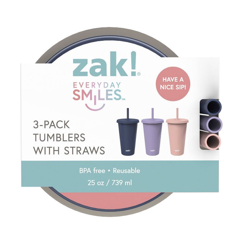 slide 4 of 8, Zak Designs 3pk 25 fl oz Plastic Solid Straw Tumbler Set: Multicolor Lidded Tumblers for Teens, Dishwasher-Safe, 3 ct, 25 fl oz