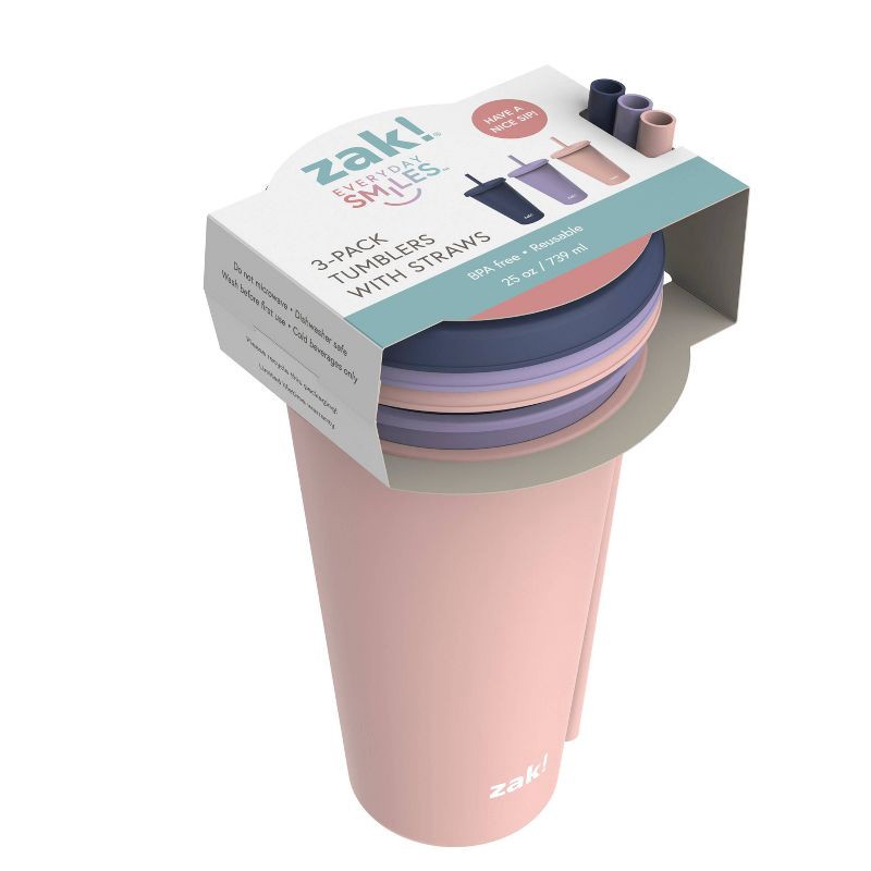 slide 5 of 8, Zak Designs 3pk 25 fl oz Plastic Solid Straw Tumbler Set: Multicolor Lidded Tumblers for Teens, Dishwasher-Safe, 3 ct, 25 fl oz