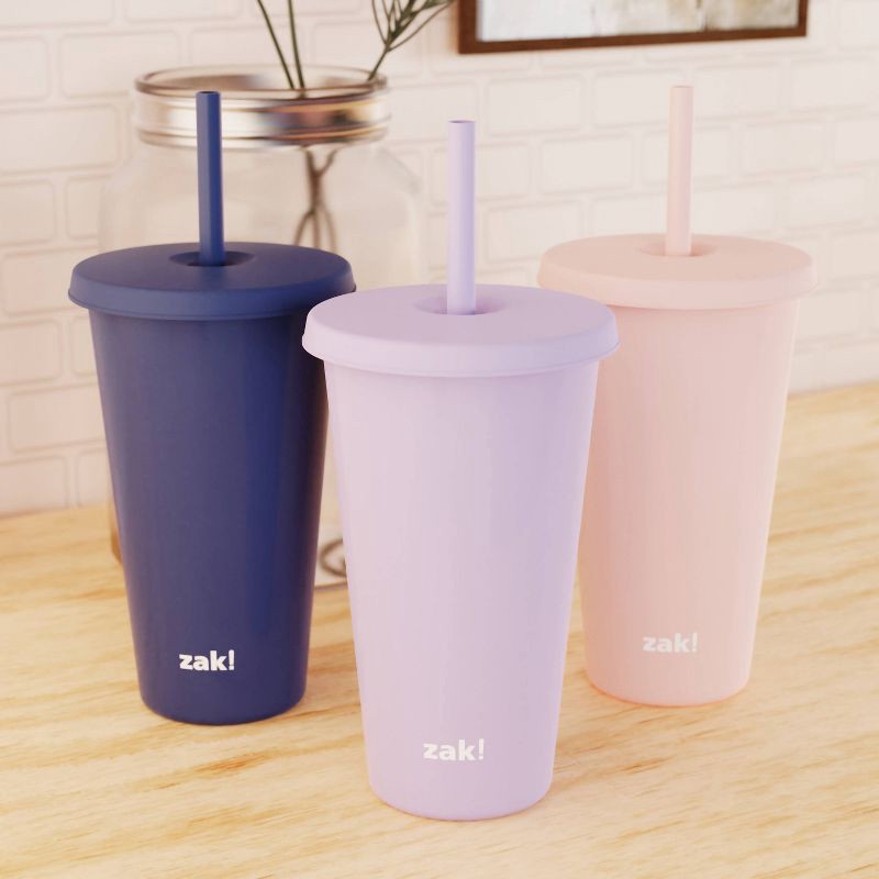slide 7 of 8, Zak Designs 3pk 25 fl oz Plastic Solid Straw Tumbler Set: Multicolor Lidded Tumblers for Teens, Dishwasher-Safe, 3 ct, 25 fl oz