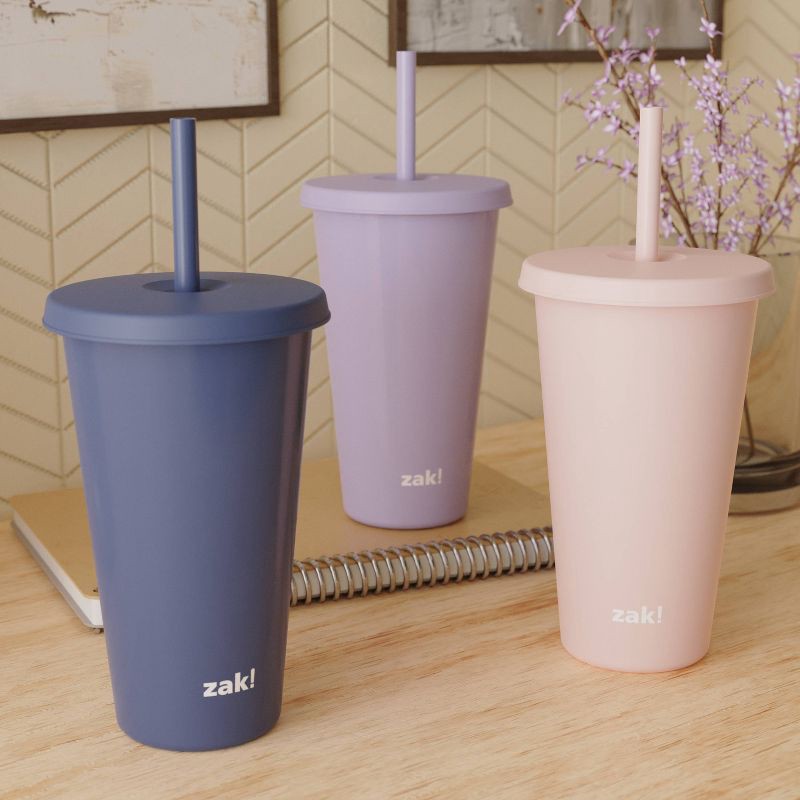 slide 8 of 8, Zak Designs 3pk 25 fl oz Plastic Solid Straw Tumbler Set: Multicolor Lidded Tumblers for Teens, Dishwasher-Safe, 3 ct, 25 fl oz