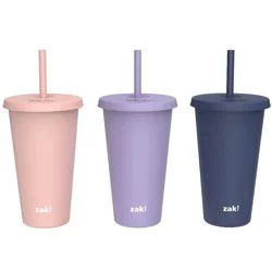 Zak Designs 3pk 25 fl oz Plastic Solid Straw Tumbler Set: Multicolor Lidded Tumblers for Teens, Dishwasher-Safe