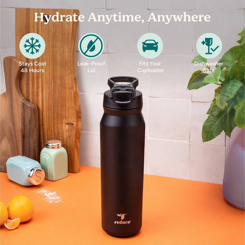 slide 3 of 6, Reduce 32oz Hydrate Pro Vacuum Insulated Stainless Steel Water Bottle Black: Straw & Flip-Top Lid, 32 oz