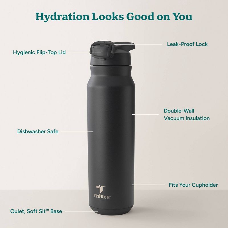 slide 4 of 6, Reduce 32oz Hydrate Pro Vacuum Insulated Stainless Steel Water Bottle Black: Straw & Flip-Top Lid, 32 oz