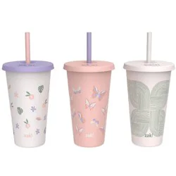 Zak Designs 3pk 25 fl oz Plastic Print Straw Tumbler Set: Multicolored Lidded Tumblers for Teens, Dishwasher-Safe