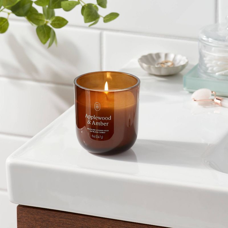 slide 2 of 3, Amber Glass Wooden Wick Applewood and Amber Jar Candle 8oz - Threshold™, 8 oz