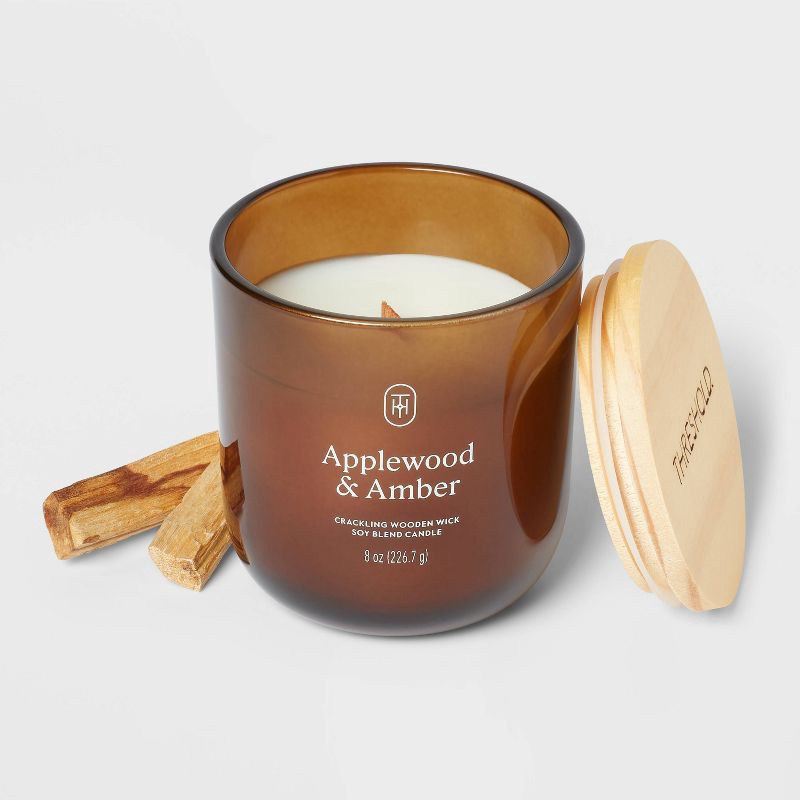 slide 3 of 3, Amber Glass Wooden Wick Applewood and Amber Jar Candle 8oz - Threshold™, 8 oz