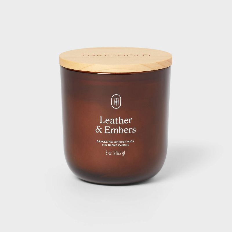 slide 1 of 3, Amber Glass Wooden Wick Leather and Embers Jar Candle 8oz - Threshold™, 8 oz