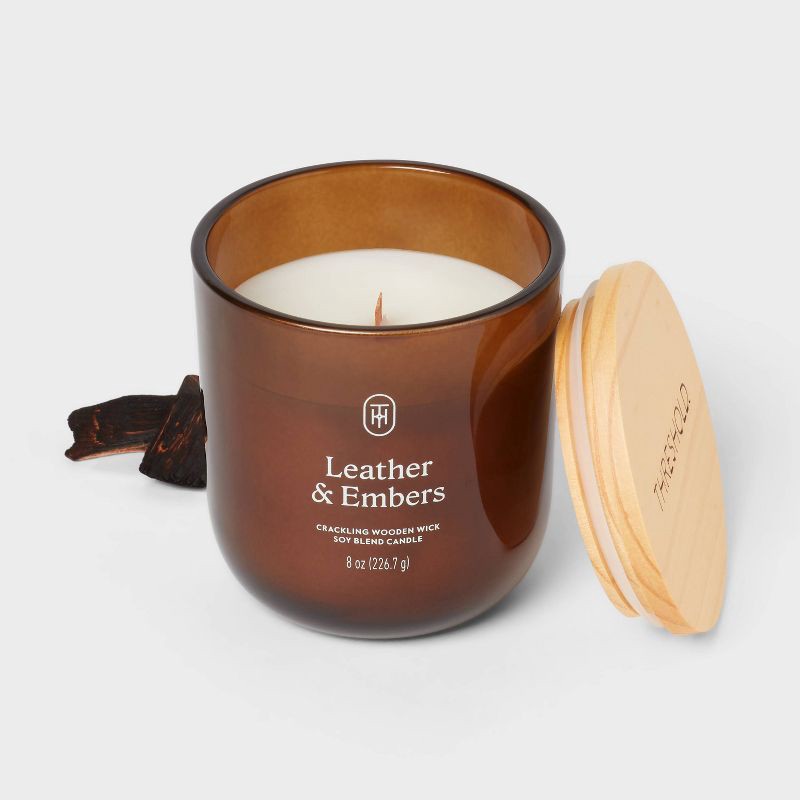slide 3 of 3, Amber Glass Wooden Wick Leather and Embers Jar Candle 8oz - Threshold™, 8 oz