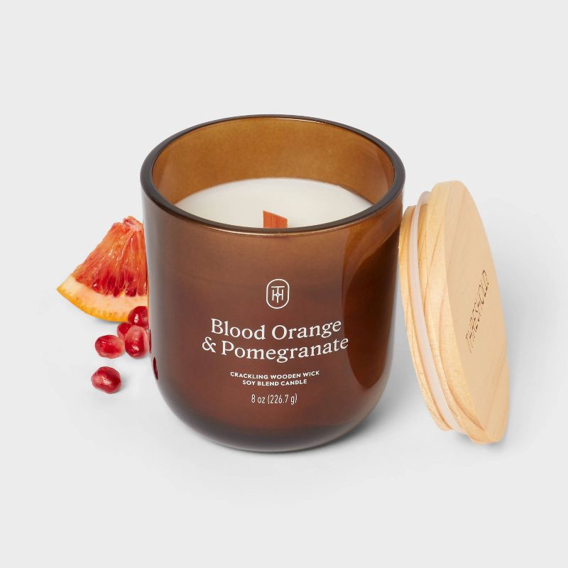 slide 3 of 3, Amber Glass Wooden Wick Orange and Pomegranate Jar Candle 8oz - Threshold™, 8 oz