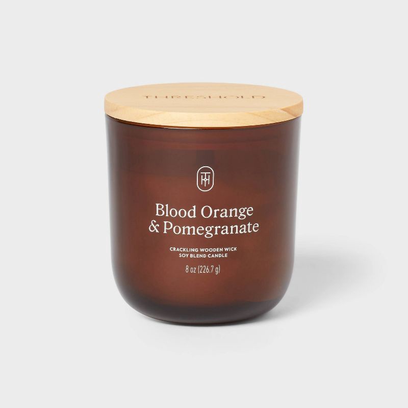 slide 1 of 3, Amber Glass Wooden Wick Orange and Pomegranate Jar Candle 8oz - Threshold™, 8 oz