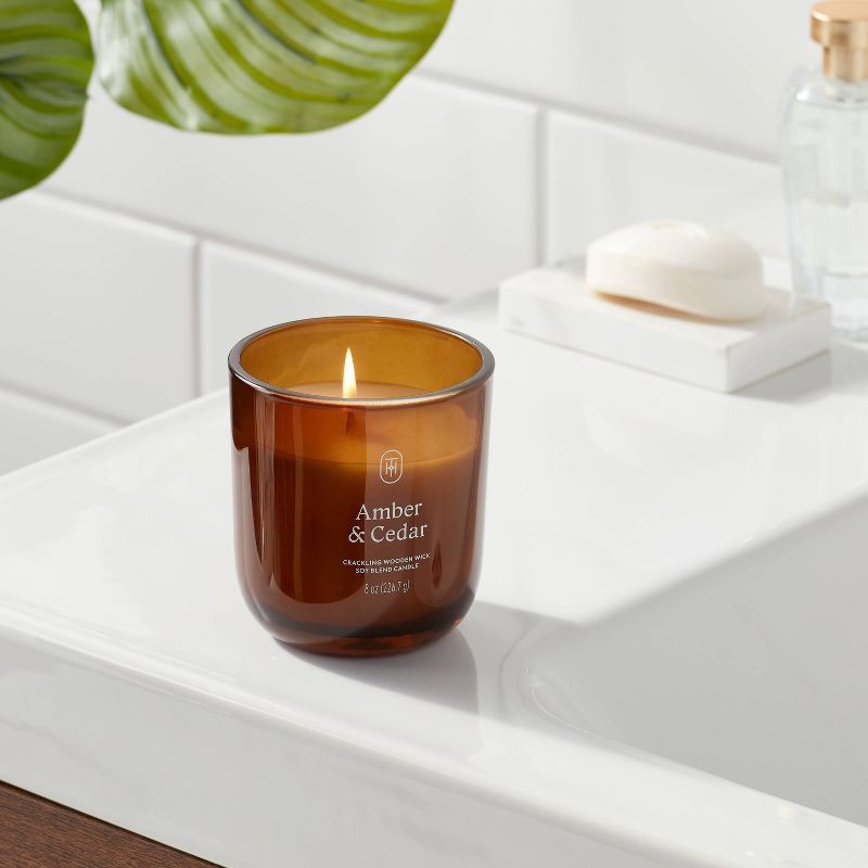 slide 2 of 3, Amber Glass Wooden Wick Amber and Cedar Jar Candle 8oz - Threshold™, 8 oz