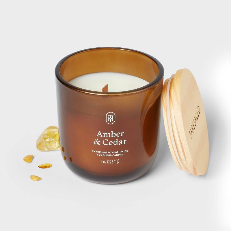 slide 3 of 3, Amber Glass Wooden Wick Amber and Cedar Jar Candle 8oz - Threshold™, 8 oz