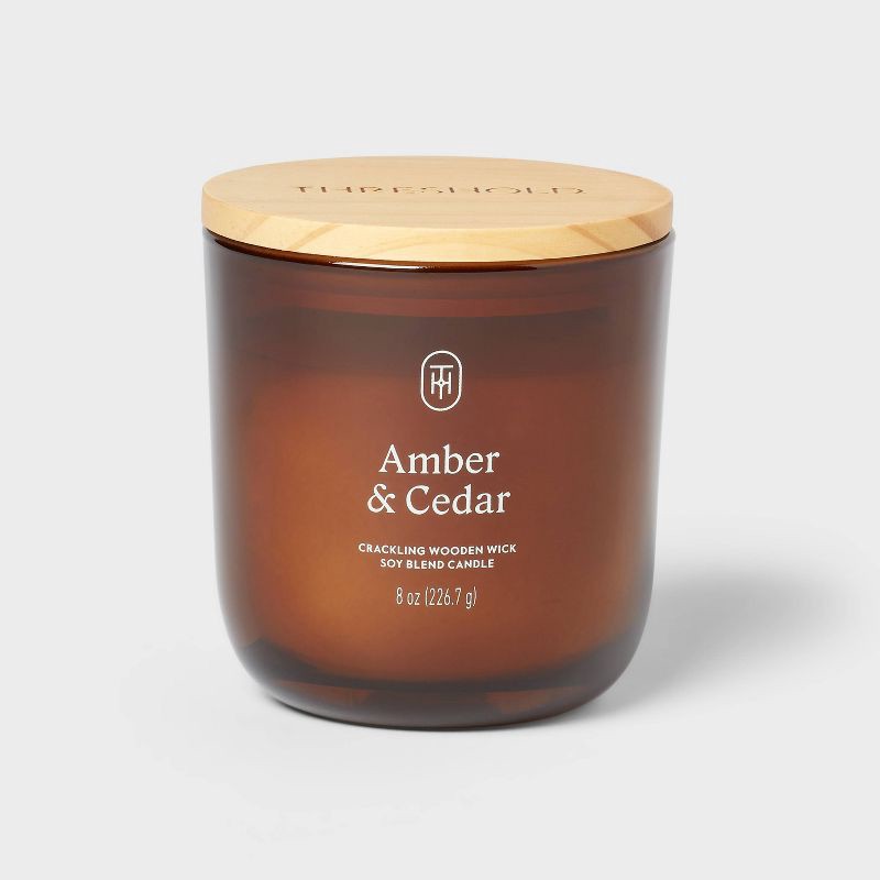 slide 1 of 3, Amber Glass Wooden Wick Amber and Cedar Jar Candle 8oz - Threshold™, 8 oz