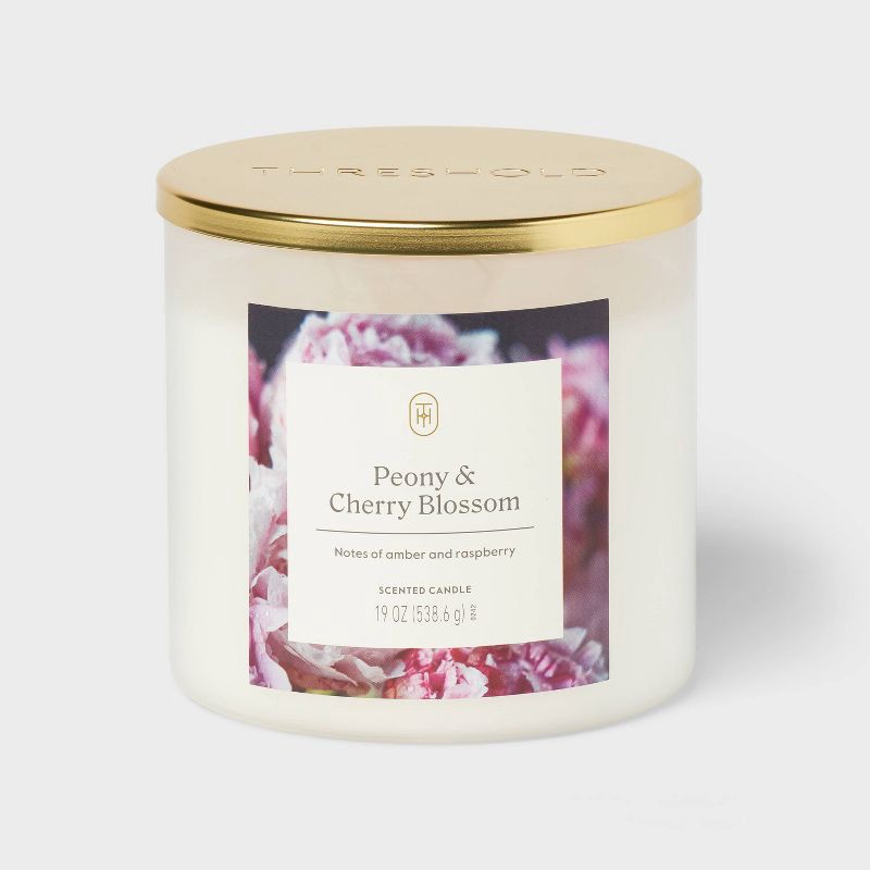 slide 1 of 3, 3-Wick Lidded Glass Jar Candle Peony and Cherry Blossom 19oz - Threshold™, 19 oz