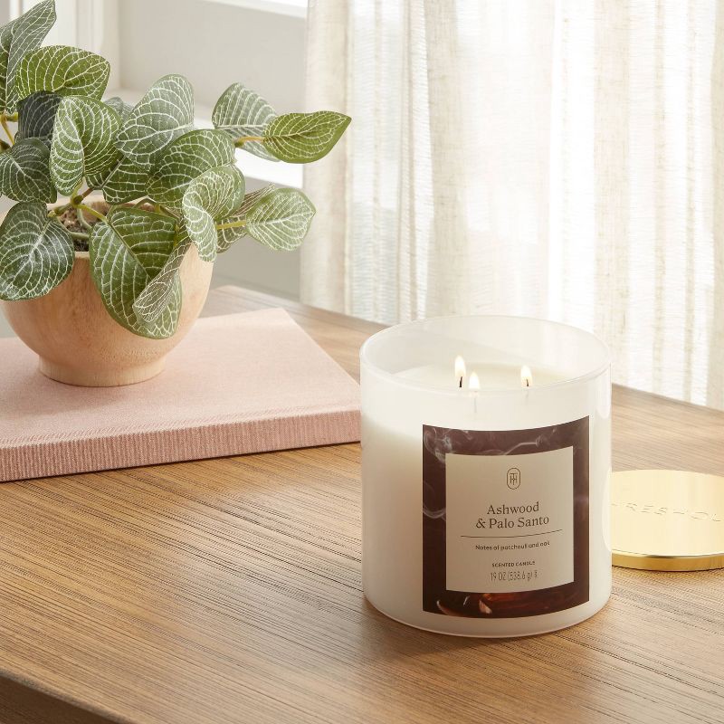 slide 2 of 3, 3-Wick Lidded Glass Jar Candle Ashwood and Palo Santo 19oz - Threshold™, 19 oz