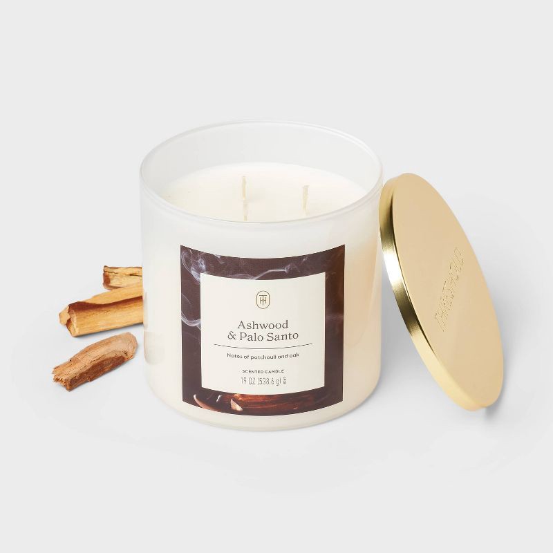 slide 3 of 3, 3-Wick Lidded Glass Jar Candle Ashwood and Palo Santo 19oz - Threshold™, 19 oz