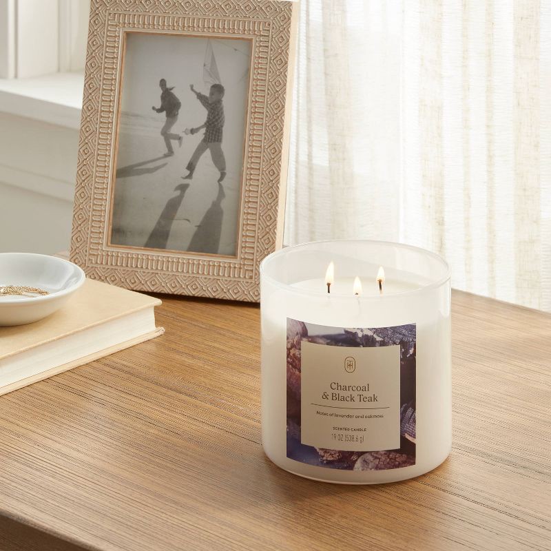 slide 2 of 3, 3-Wick Lidded Glass Jar Candle Charcoal and Black Teak 19oz - Threshold™, 19 oz