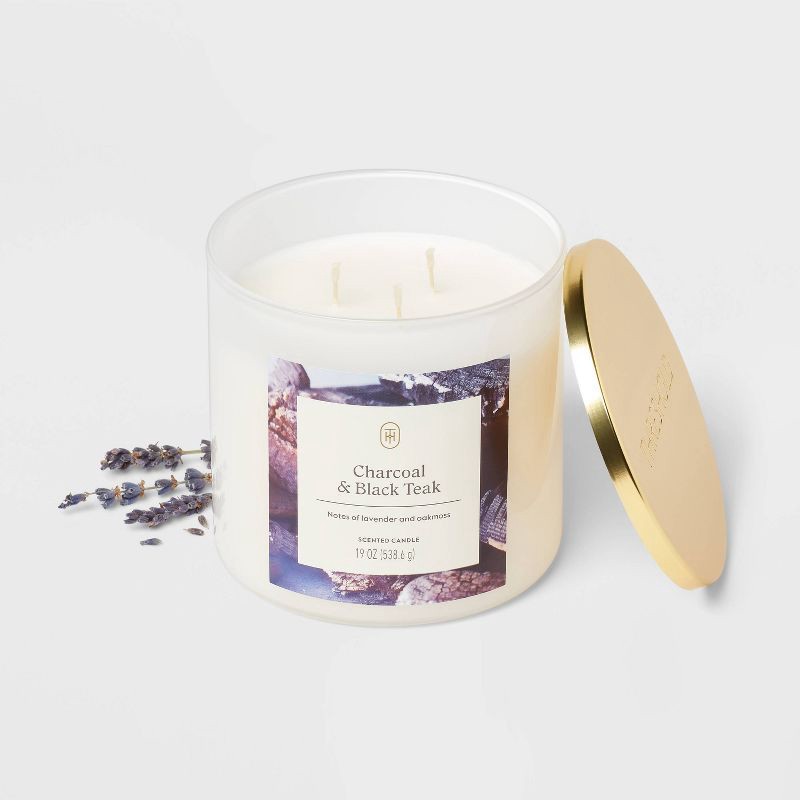 slide 3 of 3, 3-Wick Lidded Glass Jar Candle Charcoal and Black Teak 19oz - Threshold™, 19 oz