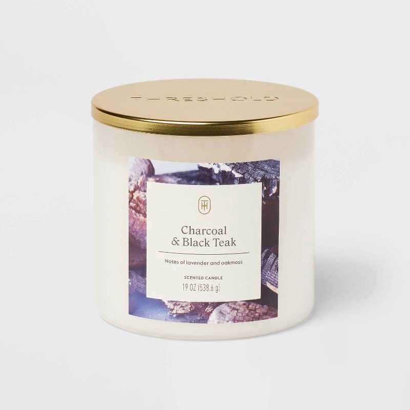 slide 1 of 3, 3-Wick Lidded Glass Jar Candle Charcoal and Black Teak 19oz - Threshold™, 19 oz
