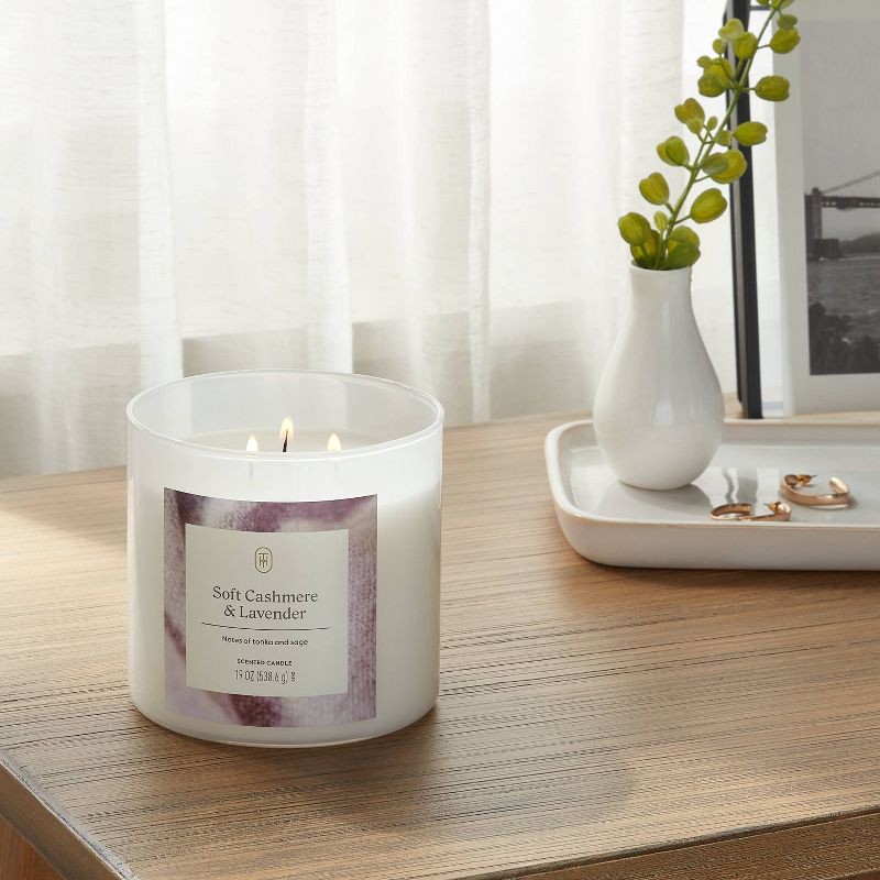 slide 2 of 3, 3-Wick 7mm Lidded Glass Jar Candle Soft Cashmere and Lavender White 19oz - Threshold™, 19 oz