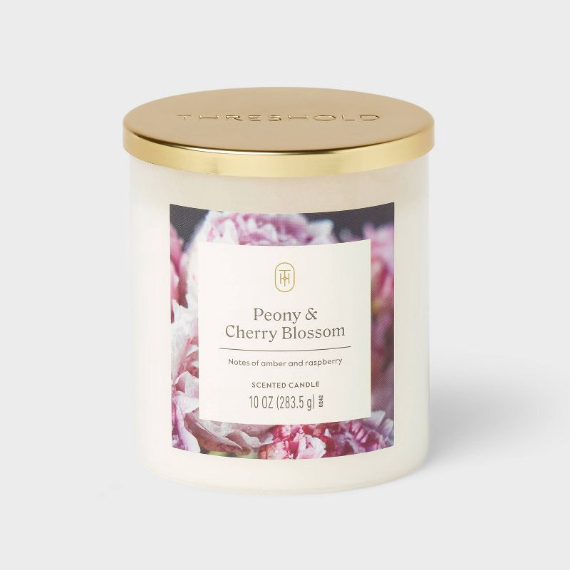 slide 1 of 3, Lidded Glass Jar Candle Peony and Cherry Blossom 10oz - Threshold™, 10 oz
