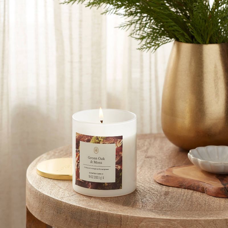 slide 2 of 3, 10oz Lidded Glass Jar Candle Green Oak and Moss - Threshold™, 10 oz