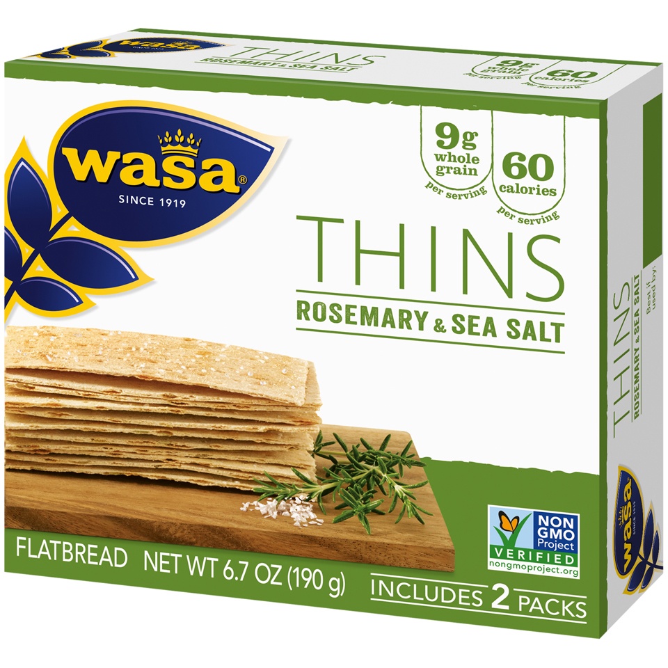 slide 3 of 8, Wasa Thins Swedish Style Rosemary & Sea Salt Flatbread 6.7 oz, 10 ct