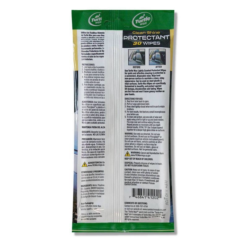 slide 2 of 3, Turtle Wax 30ct Protectant Auto Wipes Pouch: Car Cleaning Wipes, Prevents Fading & Discoloration, Floral Elderflower Scent, 30 ct