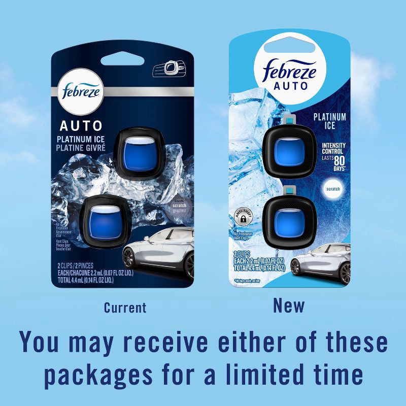 slide 9 of 14, Febreze Car Auto Platinum Ice: Adjustable Scented Vent Clip Freshener, Phthalate-Free, Disposable, 40-Day Duration, 1 ct