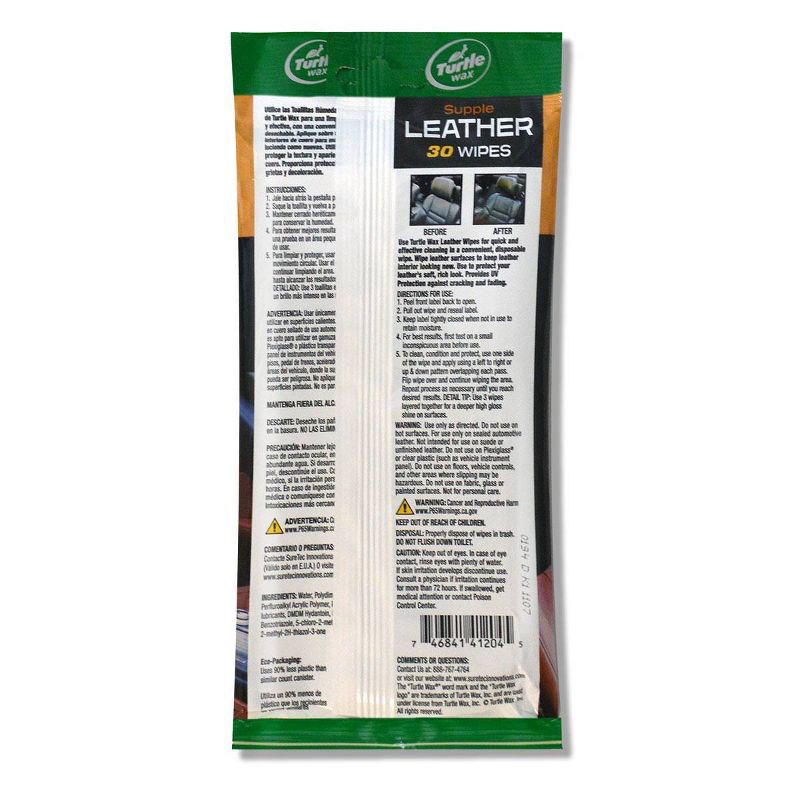 slide 2 of 2, Turtle Wax 30ct Leather Auto Wipes Pouch: Car Interior Cleaner, Leather Wipes, Automotive Cleaning Supplies, Musk Scent, 30 ct