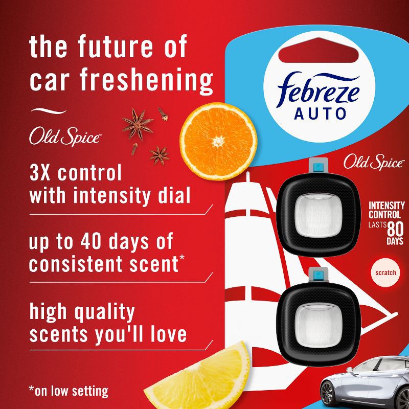slide 3 of 14, Febreze Car Auto Old Spice: Phthalate-Free Car Vent Clip Freshener, Adjustable Scent, Disposable, 40-Day Duration, 1 ct