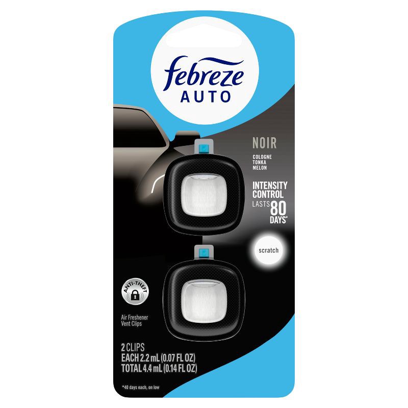 slide 2 of 13, Febreze 2ct Car Auto Noirs: Phthalate-Free Car Freshener, Adjustable Scent, Vent Clips, Disposable, Oil-Based, 2 ct