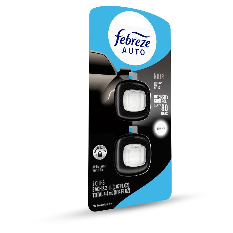 slide 12 of 13, Febreze 2ct Car Auto Noirs: Phthalate-Free Car Freshener, Adjustable Scent, Vent Clips, Disposable, Oil-Based, 2 ct