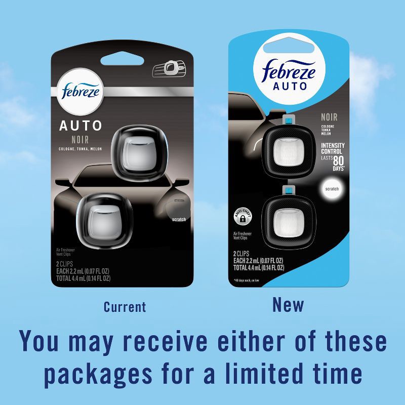 slide 8 of 13, Febreze 2ct Car Auto Noirs: Phthalate-Free Car Freshener, Adjustable Scent, Vent Clips, Disposable, Oil-Based, 2 ct