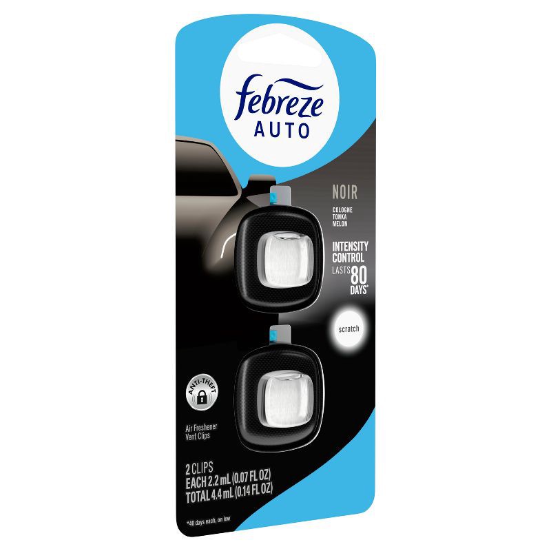 slide 10 of 13, Febreze 2ct Car Auto Noirs: Phthalate-Free Car Freshener, Adjustable Scent, Vent Clips, Disposable, Oil-Based, 2 ct