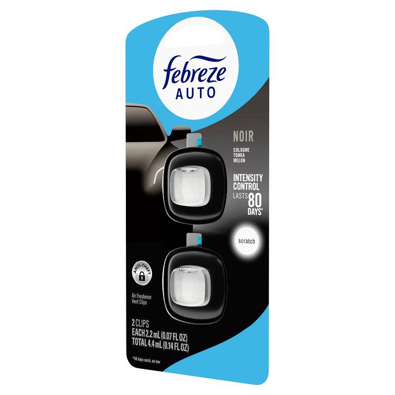 slide 11 of 13, Febreze 2ct Car Auto Noirs: Phthalate-Free Car Freshener, Adjustable Scent, Vent Clips, Disposable, Oil-Based, 2 ct