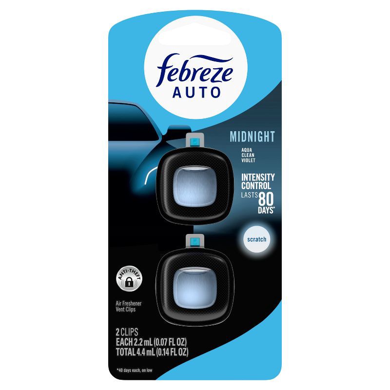 slide 2 of 14, Febreze 2ct Car Auto Midnight: Vent Clips, Adjustable Scent, Phthalate-Free, Disposable, Oil-Based Freshener, 2 ct