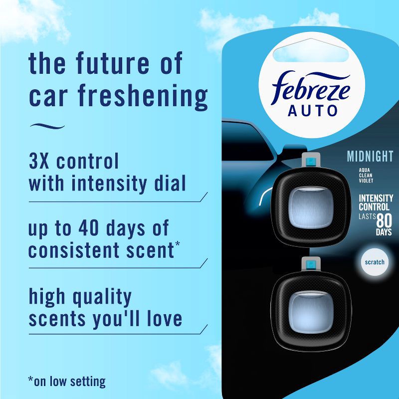 slide 3 of 14, Febreze 2ct Car Auto Midnight: Vent Clips, Adjustable Scent, Phthalate-Free, Disposable, Oil-Based Freshener, 2 ct
