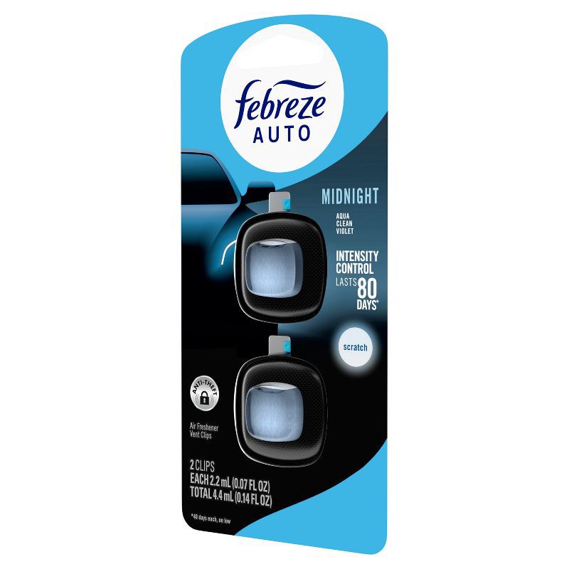 slide 12 of 14, Febreze 2ct Car Auto Midnight: Vent Clips, Adjustable Scent, Phthalate-Free, Disposable, Oil-Based Freshener, 2 ct