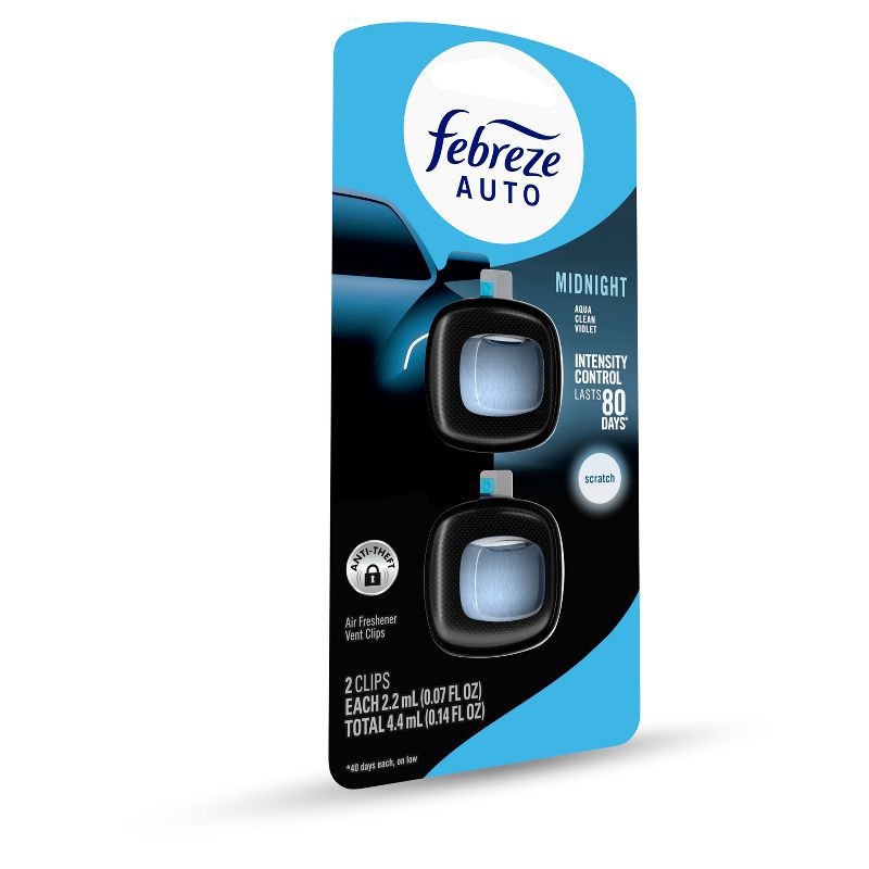 slide 13 of 14, Febreze 2ct Car Auto Midnight: Vent Clips, Adjustable Scent, Phthalate-Free, Disposable, Oil-Based Freshener, 2 ct
